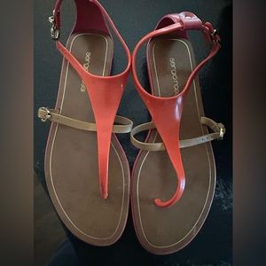 Sergio Rossi rubber flat thong sandals, orange/tan, size 6.5, like new